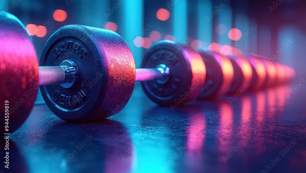 A row of dumbbells in the gym, illuminated by colorful lights. The background is blurred with a bokeh effect, creating an atmosphere of energy and vitality. A row of dumbbells in the gym, illuminated by colorful lights. The background is blurred with a bokeh effect, creating an atmosphere of energy and vitality.
