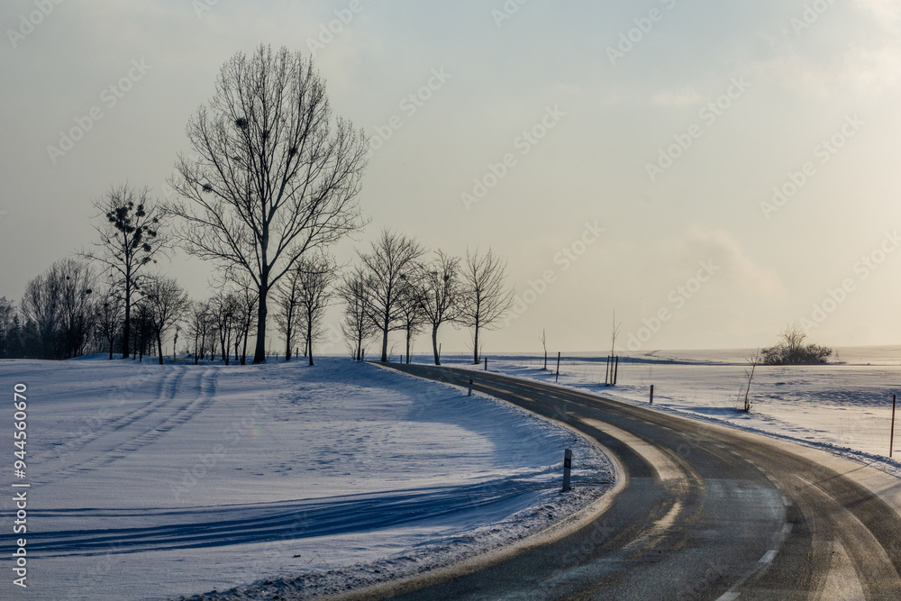 Fototapeta premium Winter view of a road in the Czech Republic