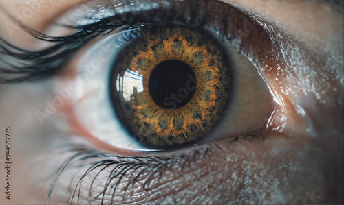 A close-up of a brown eye with long eyelashes, revealing intricate detail in the iris