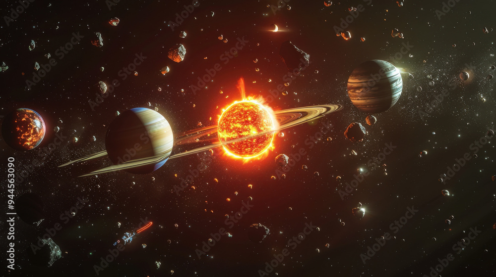 solar system with sun in the middle 8 planets and astroid belt, dark, celestialpunk, realistic hyper-detail solar system with sun in the middle 8 planets and astroid belt, dark, celestialpunk, realistic hyper-detail