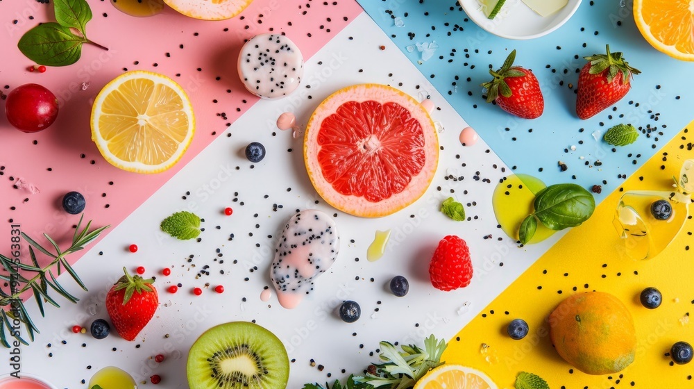 Colorful Flat Lay of Fruit Slices on a White and Colored Background. Colorful Flat Lay of Fruit Slices on a White and Colored Background.
