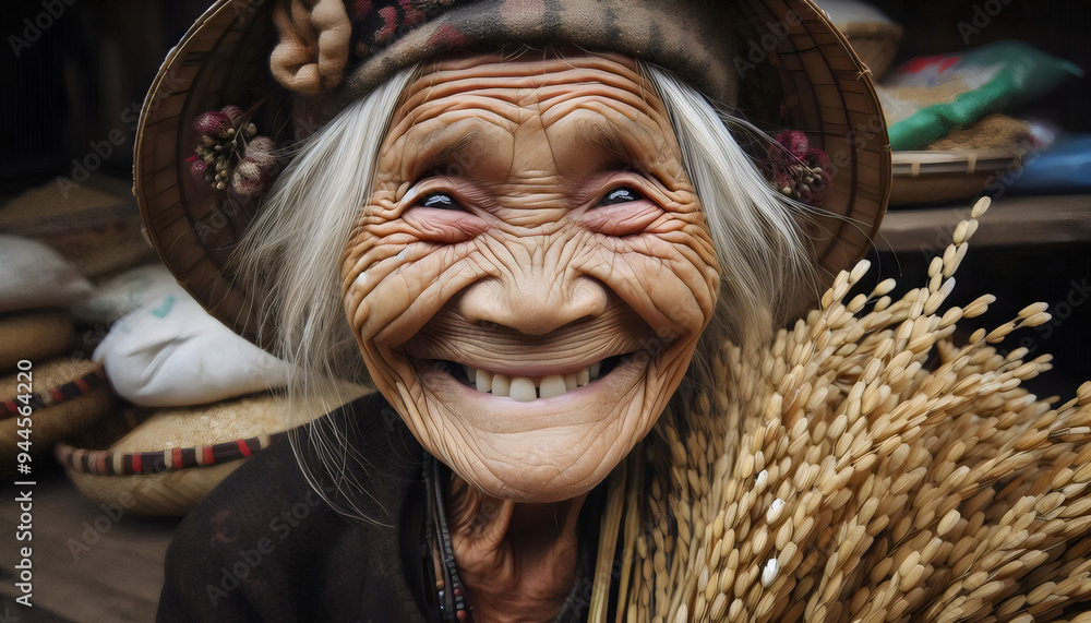 Abuela Vietnamita Recolectando Racimos de Trigo: Sonrisa y Tradición en el Campo Abuela Vietnamita Recolectando Racimos de Trigo: Sonrisa y Tradición en el Campo