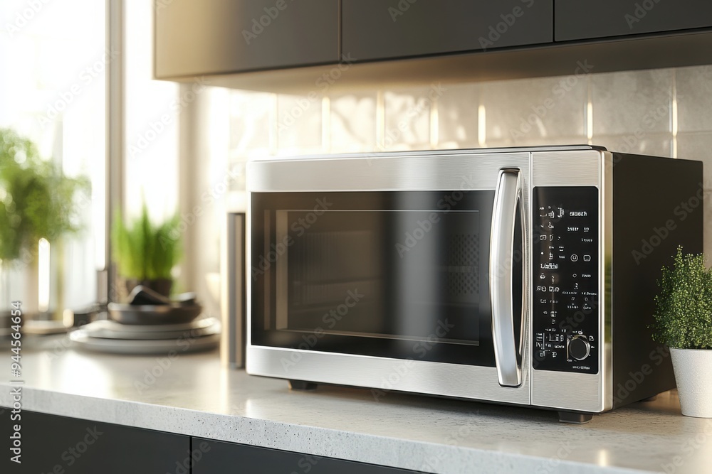Fototapeta premium Modern stainless steel microwave on kitchen counter