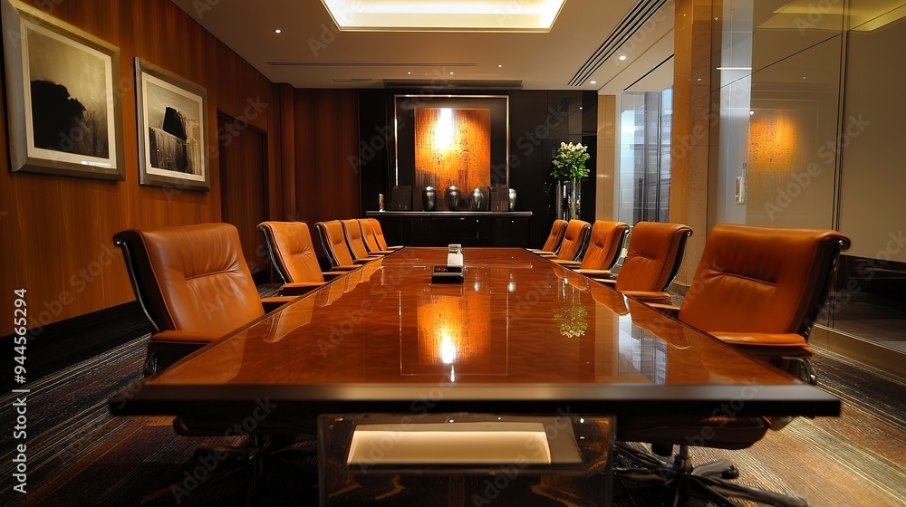 a professional, elegant boardroom with leather chairs, a polished table, and warm lighting a professional, elegant boardroom with leather chairs, a polished table, and warm lighting