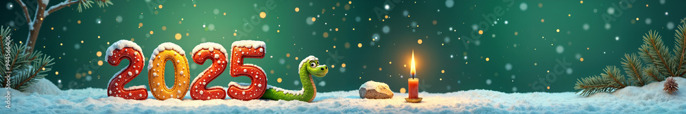 Festive winter scene with the number 2025 prominently displayed, along with a candle, snake and a snowy landscape. Festive winter scene with the number 2025 prominently displayed, along with a candle, snake and a snowy landscape.