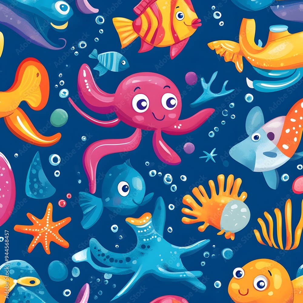 Obraz premium 109. **Create a seamless pattern with playful, cartoonish sea creatures in bright, cheerful colors.**