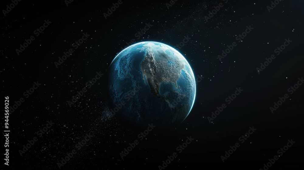 Obraz premium Pan across the cosmic expanse to unveil a distant, vibrant Earth, glowing softly in hues of blue and green against the dark void of space. 