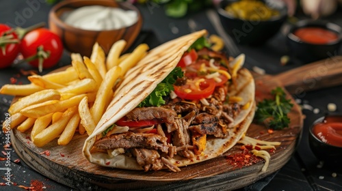 Fast food Doner Kebap on kitchen board. AI generated images