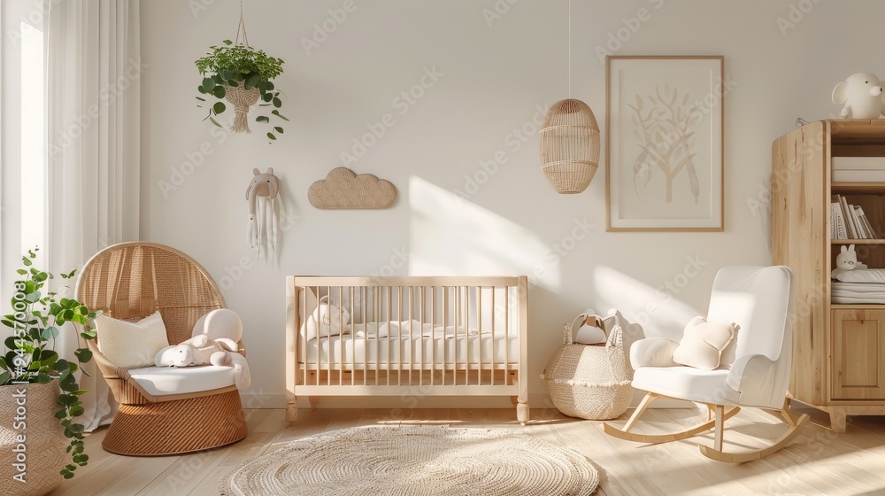 A cozy nursery interior background with Scandinavian style rendered in 3D A cozy nursery interior background with Scandinavian style rendered in 3D