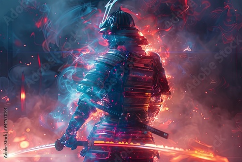 A striking figure clad in armor holds a sword while surrounded by vibrant, swirling smoke and dynamic light effects. Generative AI photo