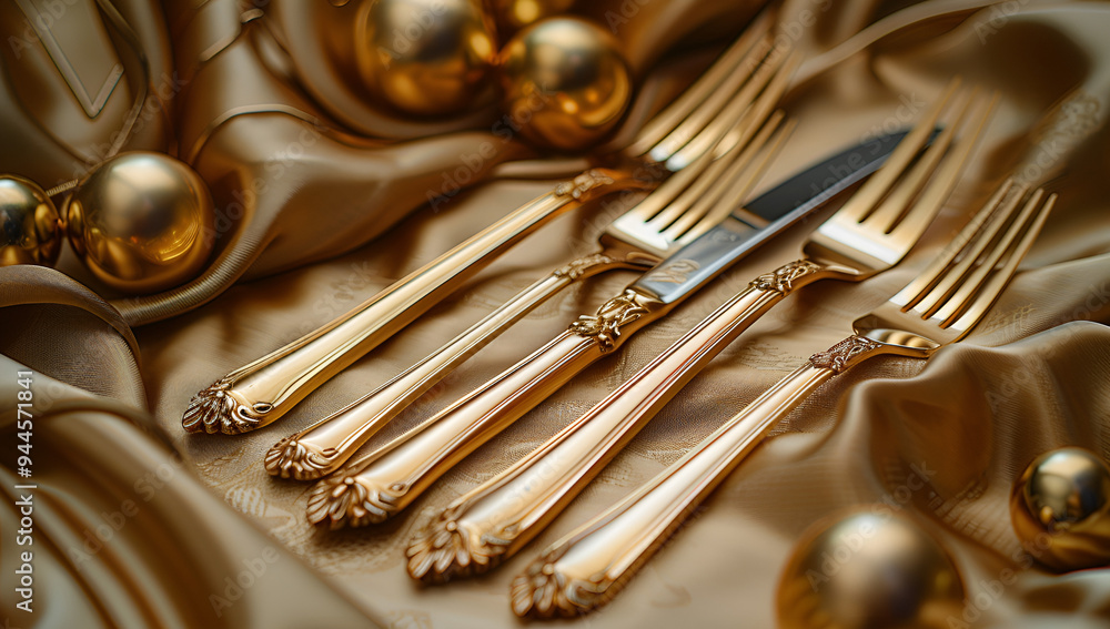 a gold cutlery on a gold cloth a gold cutlery on a gold cloth