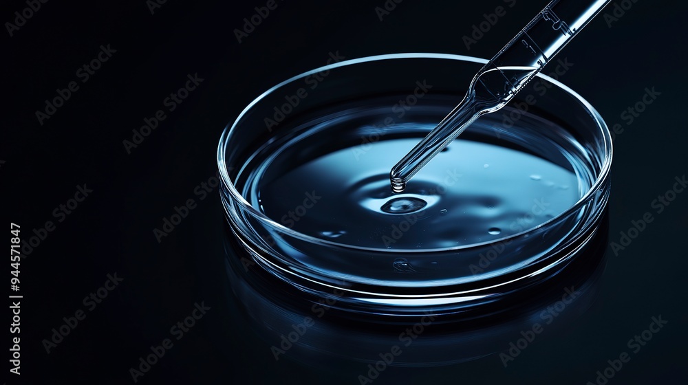 Petri dish with Glass pipette h liquid on light black biotechnology background with copy space for text. Petri dish with Glass pipette h liquid on light black biotechnology background with copy space for text.