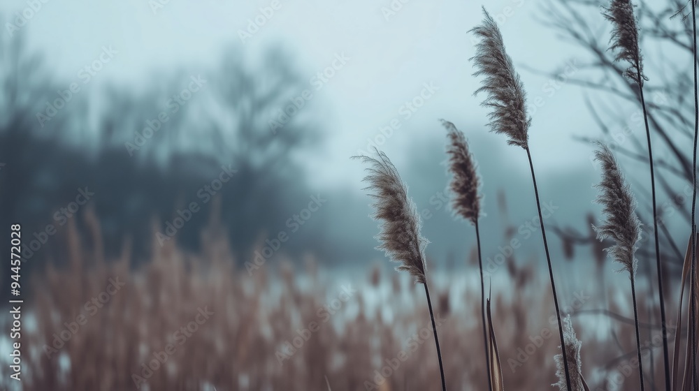 Gentle reeds sway in the cool mist of an early morning near a tranquil lake in late autumn Gentle reeds sway in the cool mist of an early morning near a tranquil lake in late autumn