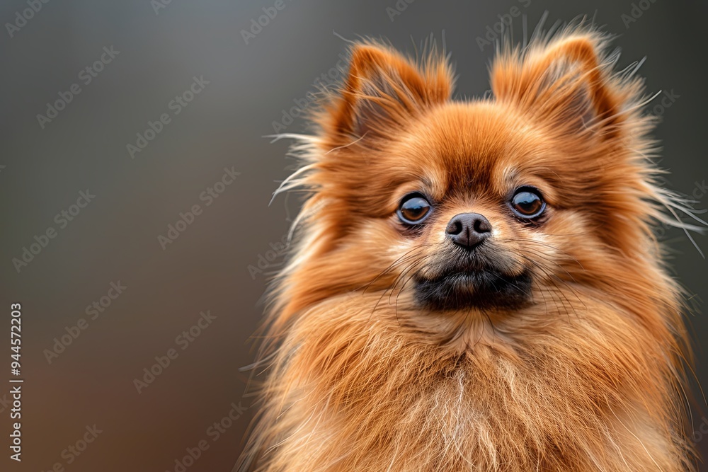 Fluffy Pomeranian puppy with bright orange fur poses in a softly blurred outdoor background during twilight. Generative AI Fluffy Pomeranian puppy with bright orange fur poses in a softly blurred outdoor background during twilight. Generative AI