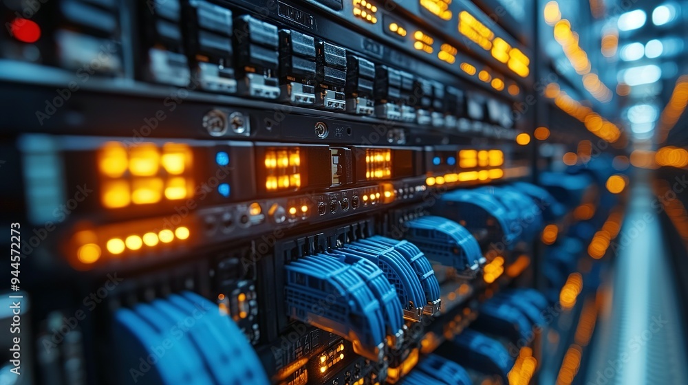 Close-up of Server Racks with Blue Cables and Illuminated Indicators Close-up of Server Racks with Blue Cables and Illuminated Indicators