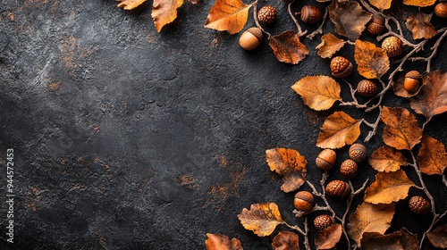 Autumn leaves and acorns against a dark textured background.
