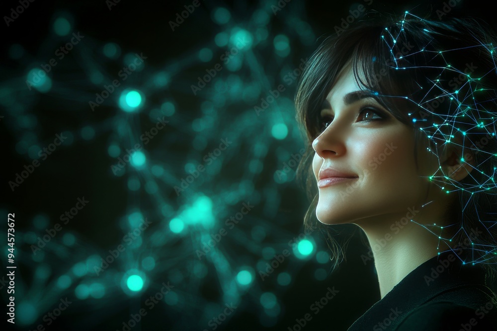 Tranquil Portrait of a Young Woman with Natural Curls Surrounded by Neural Networks Embracing the Power Connectivity and Serenity of the Human Mind in a Futuristic Setting Tranquil Portrait of a Young Woman with Natural Curls Surrounded by Neural Networks Embracing the Power Connectivity and Serenity of the Human Mind in a Futuristic Setting