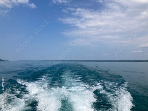 wake from boat on lake