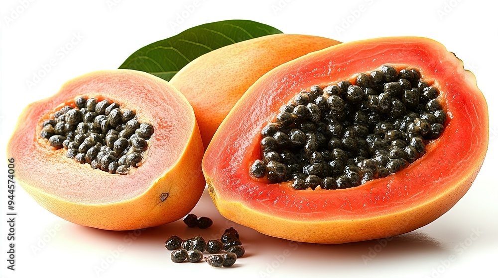 Ripe Papaya Halves with Seeds and Green Leaf Ripe Papaya Halves with Seeds and Green Leaf