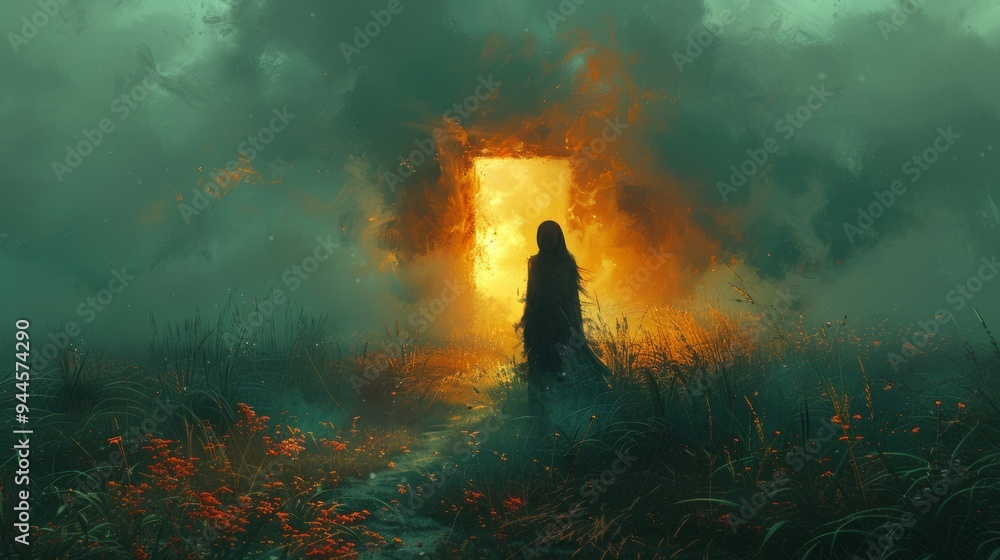 Mysterious blindfolded woman in foggy landscape with glowing portal Mysterious blindfolded woman in foggy landscape with glowing portal