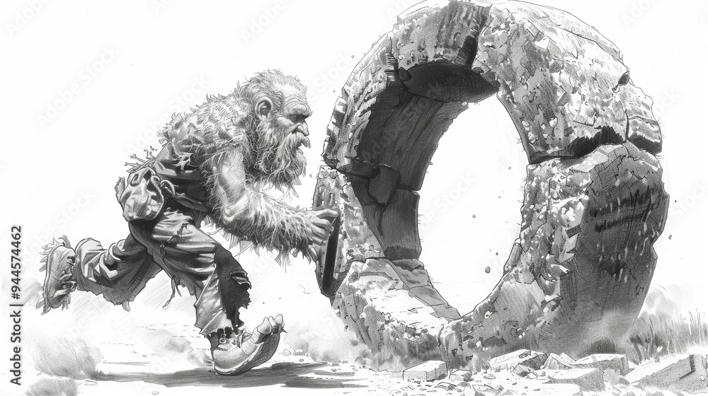 Caveman pushing a large stone wheel in ancient landscape Stock ...