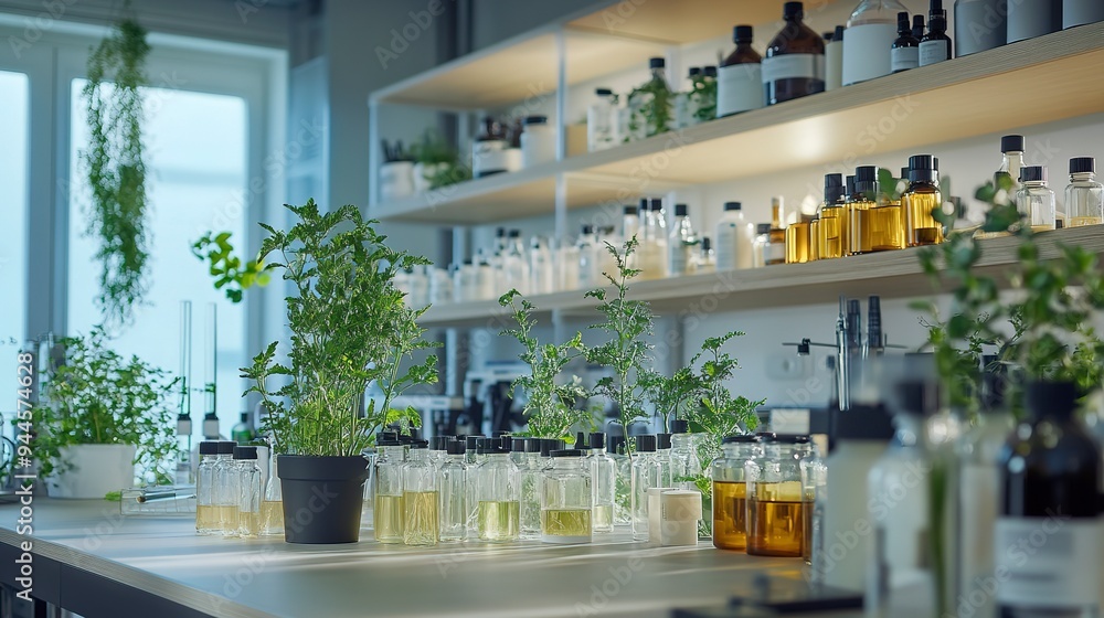 Laboratory interior with lab equipment and herbs Laboratory interior with lab equipment and herbs