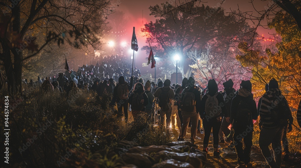 A crowd gathers under streetlights during a nighttime protest march A crowd gathers under streetlights during a nighttime protest march