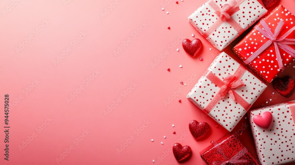 Featuring several gift boxes in polka dot and plain wrapping, decorated with bows and scattered across a pink gradient background, this image captures the essence of celebration and surprise. Featuring several gift boxes in polka dot and plain wrapping, decorated with bows and scattered across a pink gradient background, this image captures the essence of celebration and surprise.