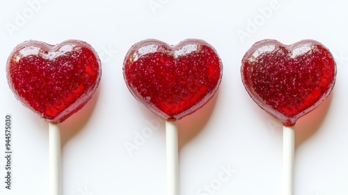 This image showcases three red heart-shaped lollipops aligned in a row on a white background, creating a sweet and romantic visual perfect for love-themed occasions and festive celebrations. photo