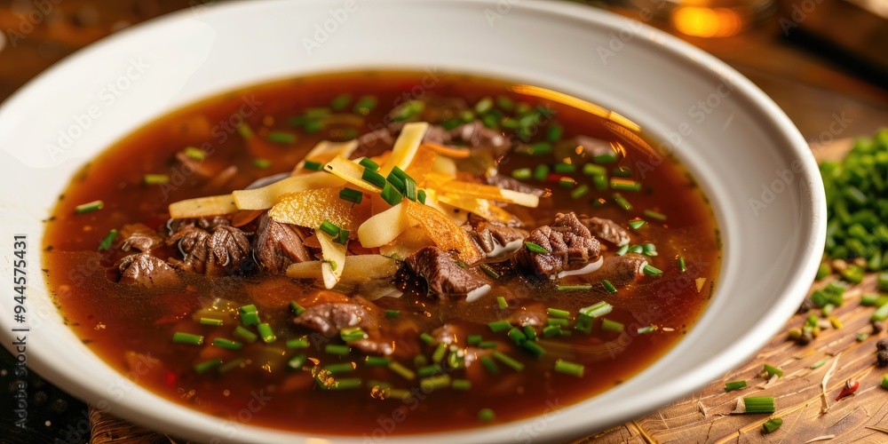 Austrian beef soup with pancake strips and chive garnish Austrian beef soup with pancake strips and chive garnish