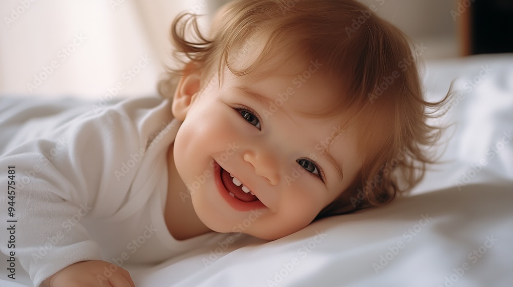 An adorable baby contentedly lying on white sheets under soft lighting, creating a serene and calming atmosphere in an indoor setting filled with warmth and tenderness. An adorable baby contentedly lying on white sheets under soft lighting, creating a serene and calming atmosphere in an indoor setting filled with warmth and tenderness.