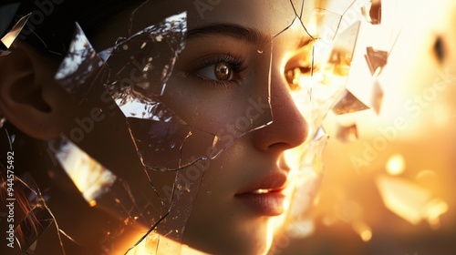 Shattered life and the rebirth in new tomorrow phylosofy concept artistic representation with a face of a young girl through cracked broken shards of glass
