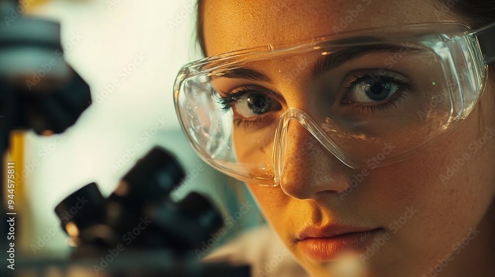 A female researcher wearing safety goggles looks at culture cells with an inverted microscope. Research for pharmaceutical, and biotechnology development in lab. A female researcher wearing safety goggles looks at culture cells with an inverted microscope. Research for pharmaceutical, and biotechnology development in lab.