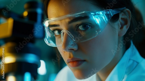 A female researcher wearing safety goggles looks at culture cells with an inverted microscope. Research for pharmaceutical, and biotechnology development in lab. 