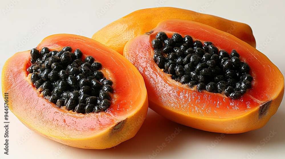 Two Halves of a Ripe Papaya with Black Seeds Two Halves of a Ripe Papaya with Black Seeds