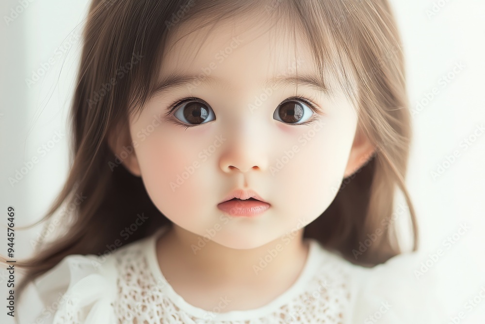 A close-up photograph capturing an adorable toddler with large, expressive round eyes and a delicate expression, radiating innocence and pure beauty. A close-up photograph capturing an adorable toddler with large, expressive round eyes and a delicate expression, radiating innocence and pure beauty.
