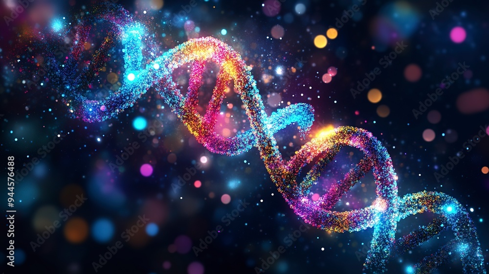 Vibrant digital illustration of a DNA strand composed of colorful, glowing particles against a dark background. Perfect for scientific presentations, medical research articles, and biotechnology Vibrant digital illustration of a DNA strand composed of colorful, glowing particles against a dark background. Perfect for scientific presentations, medical research articles, and biotechnology