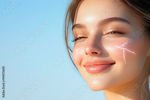 A serene woman with eyes closed basking in soft morning light with glowing red lines on her face symbolizing peaceful thoughts and calm energy