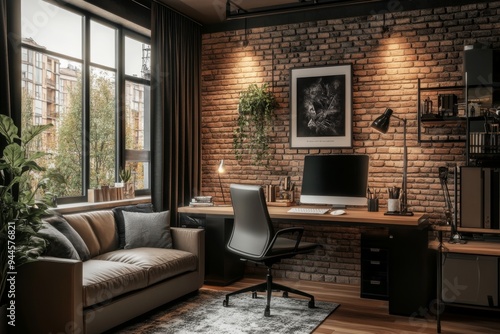 A contemporary home office designed with an exposed brick wall, large window overlooking the city, modern furniture, and plenty of green plants creating a natural, inviting space.