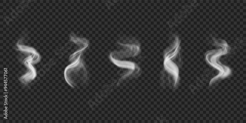 Set of realistic wavy smoke, steam from hot food and drinks. Vector design elements of smog, fog on transparent background