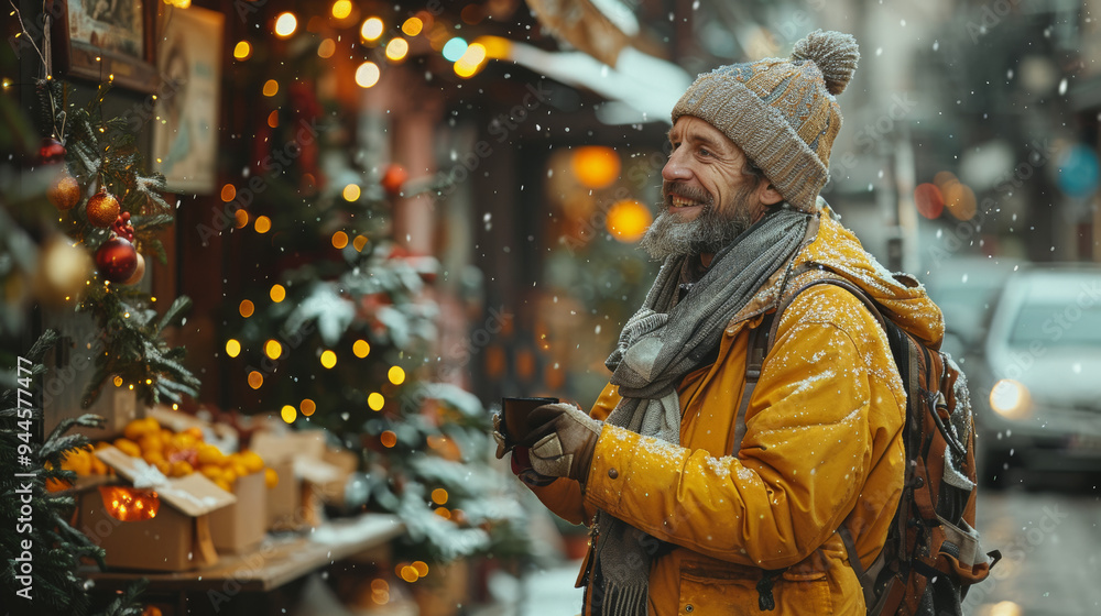 Smiling man in winter gear enjoying a festive holiday street scene Smiling man in winter gear enjoying a festive holiday street scene