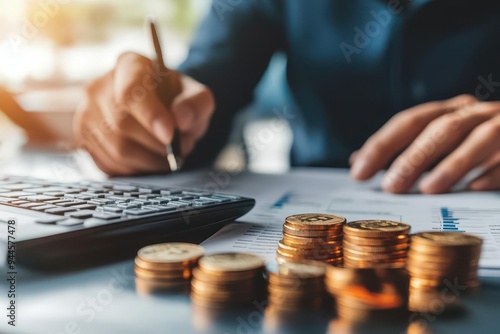 Banker reviewing client’s financial data with focus on coin investments.
