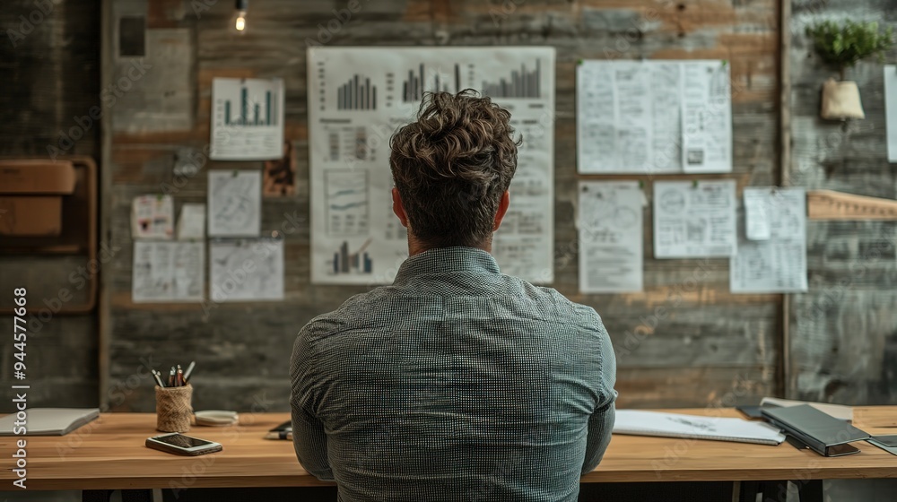 An entrepreneur planning for business growth, with a vision board, growth charts, strategic goals, and a detailed action plan displayed on a desk, illustrating the forward-thinking and strategic An entrepreneur planning for business growth, with a vision board, growth charts, strategic goals, and a detailed action plan displayed on a desk, illustrating the forward-thinking and strategic