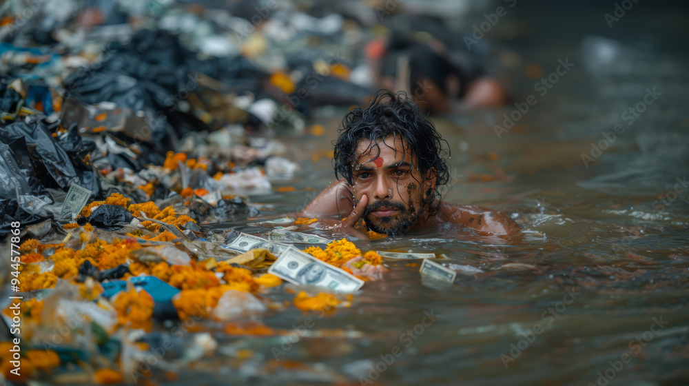 Fototapeta premium Indian man navigating polluted waters surrounded by garbage and banknotes