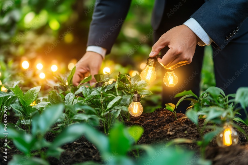 Fototapeta premium An image depicting a man’s hands placing glowing light bulbs around lush green plants, representing the concept of nurturing, growth, and sustainable innovation in an eco-friendly setting.