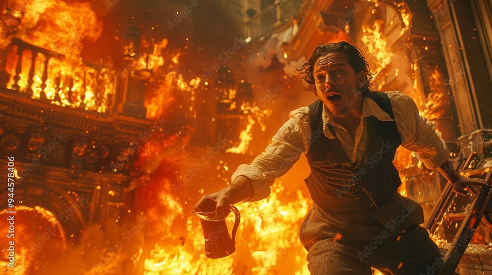 Dramatic scene of man escaping burning building with urgency