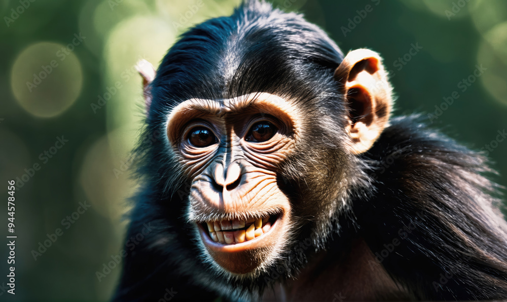 A young chimpanzee smiles for the camera in a lush green forest A young chimpanzee smiles for the camera in a lush green forest