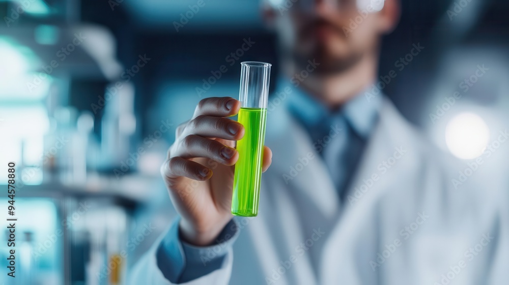 Scientist holding a test tube with a vivid green liquid, standing against a background of lab equipment, experiment, scientist, laboratory, environmental chemistry innovation. Scientist holding a test tube with a vivid green liquid, standing against a background of lab equipment, experiment, scientist, laboratory, environmental chemistry innovation.