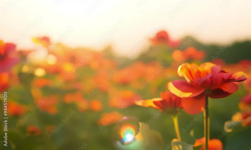 Door to Vibrant Red and Orange Flowers in Golden Sunlight - 4K Stock Footage for Nature, Beauty, and Serenity Themes. Door to Vibrant Red and Orange Flowers in Golden Sunlight - 4K Stock Footage for Nature, Beauty, and Serenity Themes.