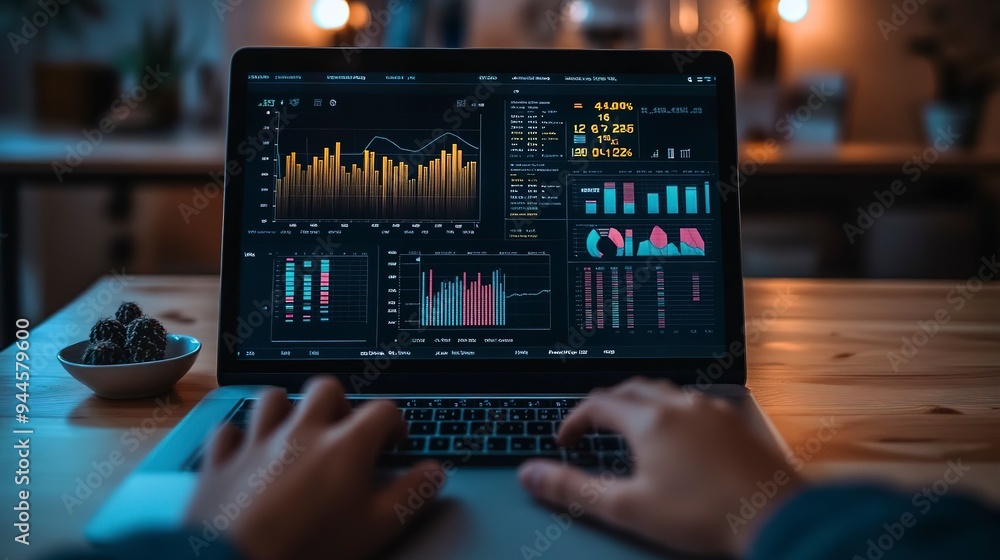 person working on a laptop which displays various colorful charts and graphs indicating some data analytics or business performance metrics. person working on a laptop which displays various colorful charts and graphs indicating some data analytics or business performance metrics.